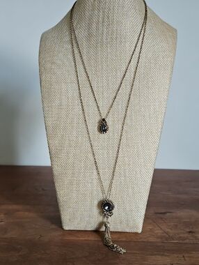 Gold-Tone Double Layer Pendant Necklace with Dark Grey Stones